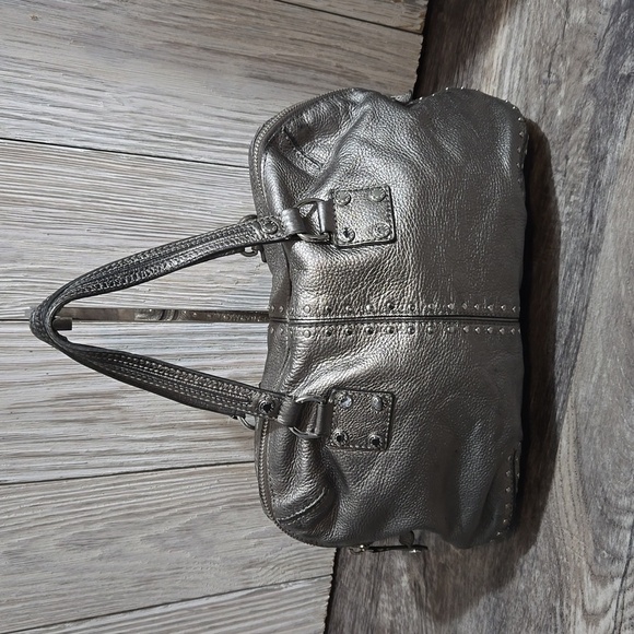 Michael Kors Altor Metallic Gray Leather Studded Top Handle Y2K Satchel - Picture 3 of 15